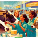 DALL·E 2024 04 22 01.37.18 A contemporary, vibrant illustrative scene depicting a modern New Jersey dairy exposition in 2024. The close up image features three women dairy farme