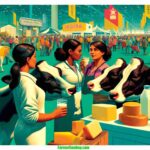 DALL·E 2024 04 22 01.37.22 A contemporary, vibrant illustrative scene depicting a modern New Jersey dairy exposition in 2024. The close up image features three women dairy farme