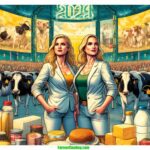 DALL·E 2024 04 22 01.52.16 A vibrant and detailed contemporary illustration of a modern 2024 Virginia Dairy Exposition. The scene features closeup images of two blonde women dai