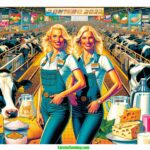 DALL·E 2024 04 22 01.52.20 A vibrant and detailed contemporary illustration of a modern 2024 Virginia Dairy Exposition. The scene features closeup images of two blonde women dai