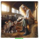 DALL·E 2024 04 22 03.59.05 Create a photorealistic image of a Swedish blonde woman wearing casual farm clothing, feeding calves with a bottle. The setting is inside a barn with