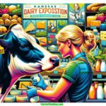 DALL·E 2024 04 22 08.42.39 A detailed close up illustration of a blonde woman dairy farmer at the Kansas Dairy Exposition in 2024, interacting closely with a Holstein cow. The b