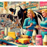 DALL·E 2024 04 22 13.46.13 A vibrant, detailed illustrative scene in a contemporary style, reminiscent of a modern Mad magazine, depicting a close up view of a dairy exposition