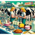 DALL·E 2024 04 22 13.46.15 A vibrant, detailed illustrative scene in a contemporary style, reminiscent of a modern Mad magazine, depicting a close up view of a dairy exposition