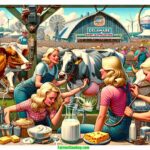 Delaware A vibrant and detailed contemporary illustration of the Delaware Dairy Exposition in a Modern Mad Magazine style, set in 2024. The scene is a close up