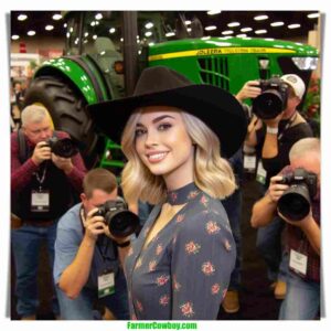 Farm Show & Dairy Babes Oklahoma Dairy Show local woman and farmer, 20 something, blonde hair, dairy farmer chic fashion, arrives at the John Deere tractor and Holstein exhibit (3)50