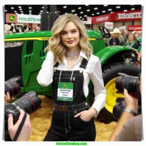 Farm Show & Dairy Babes Oklahoma Dairy Show local woman and farmer, 20 something, blonde hair, dairy farmer chic fashion, arrives at the John Deere tractor and Holstein exhibit (7)54