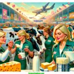 Farmer & Cowboy A vibrant and detailed illustrative scene set at a modern 2024 South Dakota Dairy Exposition. The image features close up interactions of blonde women1