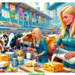 Farmer & Cowboy A vibrant and detailed illustrative scene set at a modern 2024 South Dakota Dairy Exposition. The image features close up interactions of blonde women2