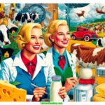 Farmer & Cowboy A vibrant and detailed illustrative scene, styled like a contemporary Mad magazine, depicting a modern 2024 Wisconsin Dairy Exposition. The image focu1