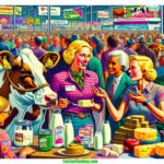 Farmer & Cowboy A vibrant, detailed closeup scene at a modern 2024 Louisiana Dairy Expo. The illustration features two blonde women dairy farmers in contemporary farm1