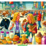 Farmer & Cowboy A vibrant, detailed closeup scene at a modern 2024 Louisiana Dairy Expo. The illustration features two blonde women dairy farmers in contemporary farm2