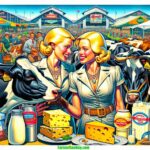 Farmer & Cowboy A vibrant, detailed, contemporary illustration in the style of a modern Mad Magazine, depicting a closeup scene at a 2024 Minnesota Dairy Exposition. 1