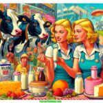 Farmer & Cowboy A vibrant, detailed, contemporary illustration in the style of a modern Mad Magazine, depicting a closeup scene at a 2024 Minnesota Dairy Exposition. 2