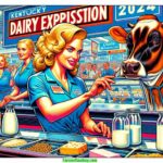 Farmer & Cowboy A vibrant, modern, and detailed illustrative scene in the style of a contemporary Mad Magazine, capturing a 2024 Kentucky Dairy Exposition. The image 1