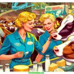 Farmer & Cowboy A vibrant, modern, and detailed illustrative scene in the style of a contemporary Mad Magazine, capturing a 2024 Kentucky Dairy Exposition. The image 2