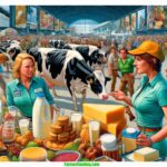 Farmer & Cowboy Modern illustration depicting a scene from a 2024 Michigan Dairy Expo. The image features two women dairy farm2 (1)