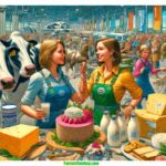 Farmer & Cowboy Modern illustration depicting a scene from a 2024 Michigan Dairy Expo. The image features two women dairy farm2 (2)