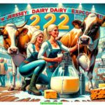 Farmer & Cowboy ailed contemporary illustration in the style of a modern Mad Magazine, depicting a scene from a 2024 New Jersey Dairy Exposition. The1