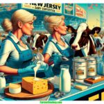 Farmer & Cowboy ailed contemporary illustration in the style of a modern Mad Magazine, depicting a scene from a 2024 New Jersey Dairy Exposition. The2