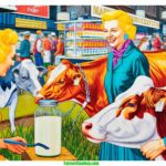 Farmer & Cowboy ed illustration in a contemporary style, akin to a modern Mad magazine. The scene is a close up at a Maryland Dairy Exposition in 2021