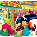 Farmer & Cowboy ed illustration in a contemporary style, akin to a modern Mad magazine. The scene is a close up at a Maryland Dairy Exposition in 2022