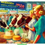 Farmer & Cowboy ed illustrative scene in the style of contemporary Mad magazine, depicting a modern 2024 Massachusetts Dairy Exposition. The close up3