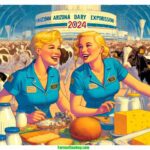 Farmer & Cowboy rative, closeup scene of a modern 2024 Arizona Dairy Exposition. The illustration features two blonde women dairy farmers dressed in 1