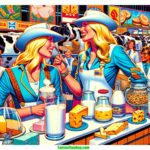 Farmer & Cowboy rative, closeup scene of a modern 2024 Arizona Dairy Exposition. The illustration features two blonde women dairy farmers dressed in 2