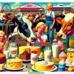 Farmer & Cowybo A vibrant and detailed contemporary illustration of the Kansas Dairy Exposition in 2024, featuring close up interactions of blonde women dairy farmers (2)