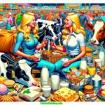 Hawaii Dairy Expositions and Dairy Events A vibrant, detailed illustrative style scene depicting a 2024 modern Hawaii Dairy Exposition. The focus is a closeup of two blonde women dairy farmers (1)