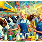 Hawaii Dairy Expositions and Dairy Events A vibrant, detailed illustrative style scene depicting a 2024 modern Hawaii Dairy Exposition. The focus is a closeup of two blonde women dairy farmers (2)