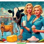 Indiana Dairy Expos A vibrant and detailed illustrative scene depicting a modern 2024 Indiana Dairy Expo. The image features a close up of two blonde women dairy farmers (1)