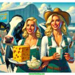 Indiana Dairy Expos A vibrant and detailed illustrative scene depicting a modern 2024 Indiana Dairy Expo. The image features a close up of two blonde women dairy farmers (2)