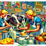 Iowa Dairy Expo A vibrant, contemporary illustration in the style of a modern Mad Magazine, depicting a close up scene at a 2024 Iowa Dairy Exposition. The image feat (1)