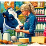 Kansas Dairy Expo A detailed close up illustration of a blonde woman dairy farmer at the Kansas Dairy Exposition in 2024, interacting closely with a Holstein cow. The b (1)