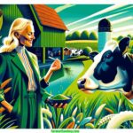 Kentucky Dairy Exposition A vibrant, modern, and detailed illustrative scene featuring a Swedish blonde woman feeding a Holstein cow, capturing the essence of a contemporary da (1)