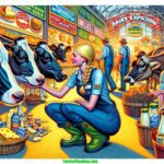 Maine Farmer & Cowboy A vibrant, detailed closeup illustration in a contemporary, modern style depicting a scene at a Maine Dairy Exposition in 2024. The image features two (1)