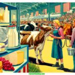 Maine Farmer & Cowboy A vibrant, detailed closeup illustration in a contemporary, modern style depicting a scene at a Maine Dairy Exposition in 2024. The image features two (2)