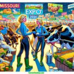 Missouri A contemporary and vibrant illustration of a Missouri Dairy Expo scene, 2024. The focus is a closeup of two blonde women dairy farmers, dressed in mod (1)