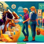 Missouri A contemporary and vibrant illustration of a Missouri Dairy Expo scene, 2024. The focus is a closeup of two blonde women dairy farmers, dressed in mod (2)