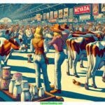 Nevada Dairy Exposition A vibrant and detailed contemporary illustration in the style of a modern Mad Magazine, depicting a scene from a Nevada Dairy Exposition. The image is (1)