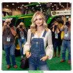 Oklahoma Dairy Show local woman and farmer, 20 something, blonde hair, dairy farmer chic fashion, arrives at the John Deere tractor and Holstein exhibit (2)