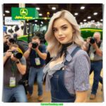 Oklahoma Dairy Show local woman and farmer, 20 something, blonde hair, dairy farmer chic fashion, arrives at the John Deere tractor and Holstein exhibit (4)