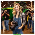 Oklahoma Dairy Show local woman and farmer, 20 something, blonde hair, dairy farmer chic fashion, arrives at the John Deere tractor and Holstein exhibit (8)