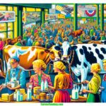 West Virginia Dairy Expo Images A vibrant, detailed contemporary illustration depicting a scene at a modern 2024 West Virginia Dairy Exposition. The image features close up views of (1)