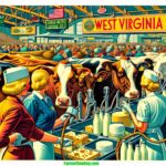 West Virginia Dairy Expo Images A vibrant, detailed contemporary illustration depicting a scene at a modern 2024 West Virginia Dairy Exposition. The image features close up views of (2)